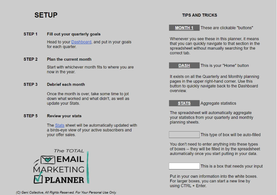 Email Marketing Planner - Setup