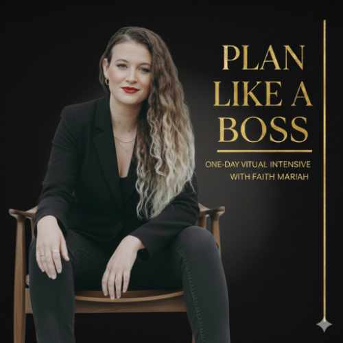 Promo image for "Plan Like a Boss" featuring a portrait of Faith Mariah, the host of the event. Text reads "One day virtual intensive with Faith Mariah".