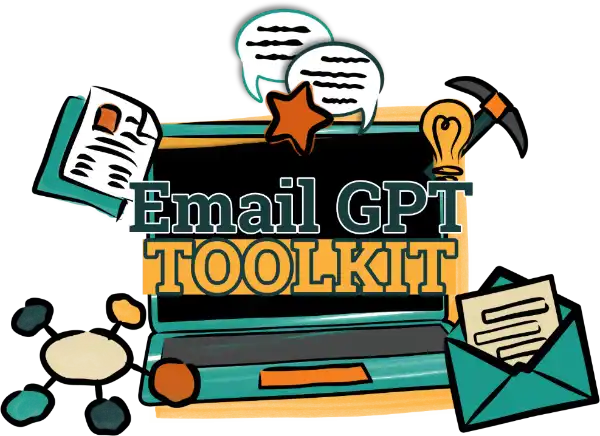 Illustrated graphic for the Email GPT Toolkit featuring a laptop, speech bubbles, documents, an envelope, and a lightbulb icon.