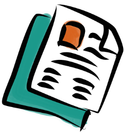 Illustrated stack of papers or documents with teal and orange accents.