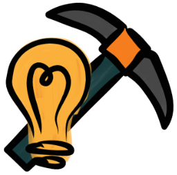 Illustrated lightbulb and pickaxe icon.