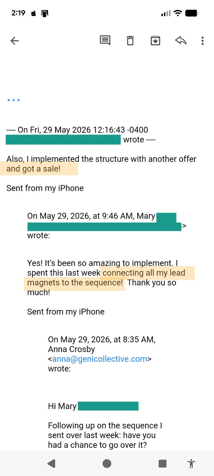 Email testimonial screenshot showing Mary got a sale after connecting lead magnets to sequence